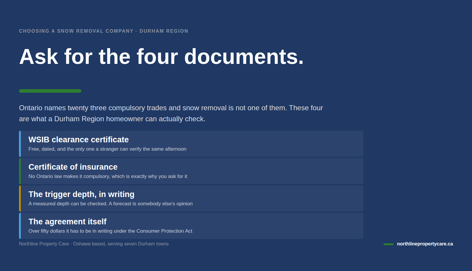 Four documents to ask a Durham Region snow removal company for before any money moves.