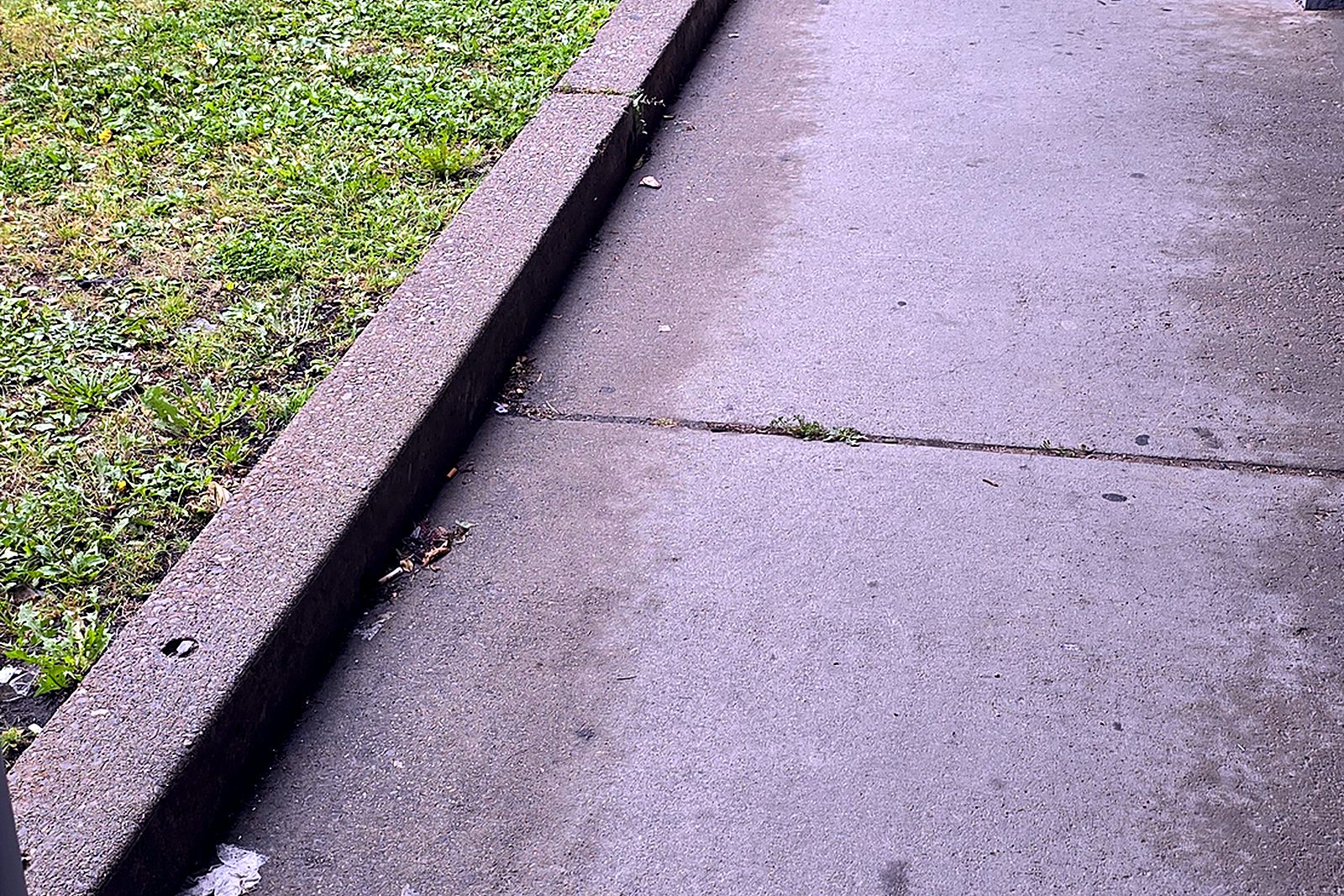 The walkway in front of the stores at a commercial property, with litter on the concrete and the grass edge