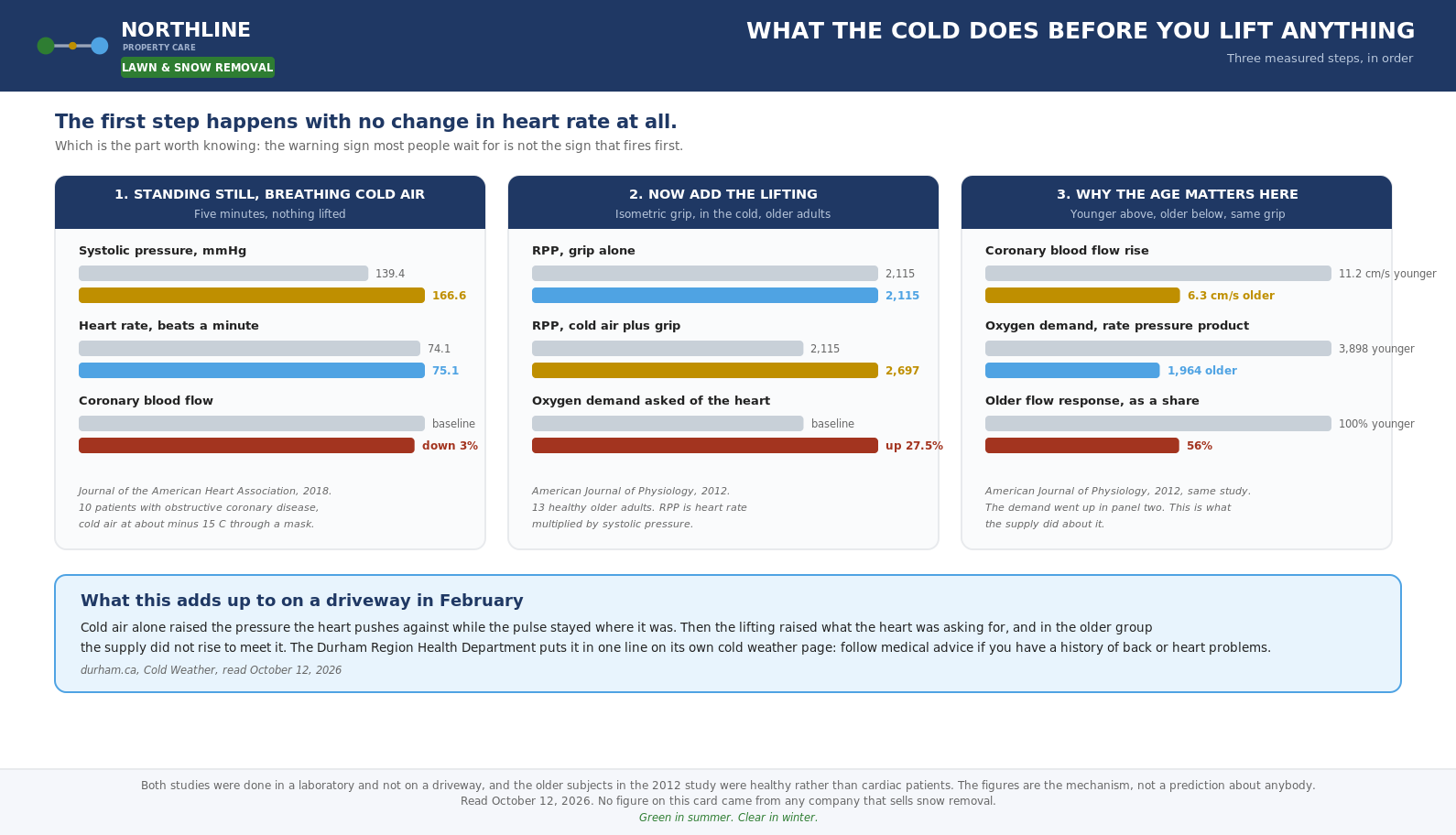 What cold air and lifting do to blood pressure and coronary blood flow, by age.