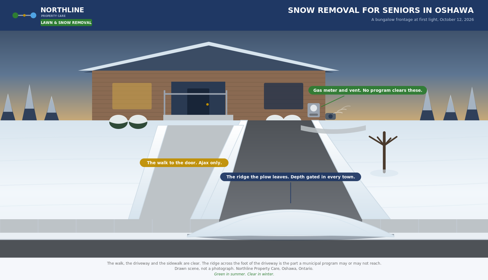 Oshawa bungalow at first light, walk and driveway clear, plow ridge still across the driveway.
