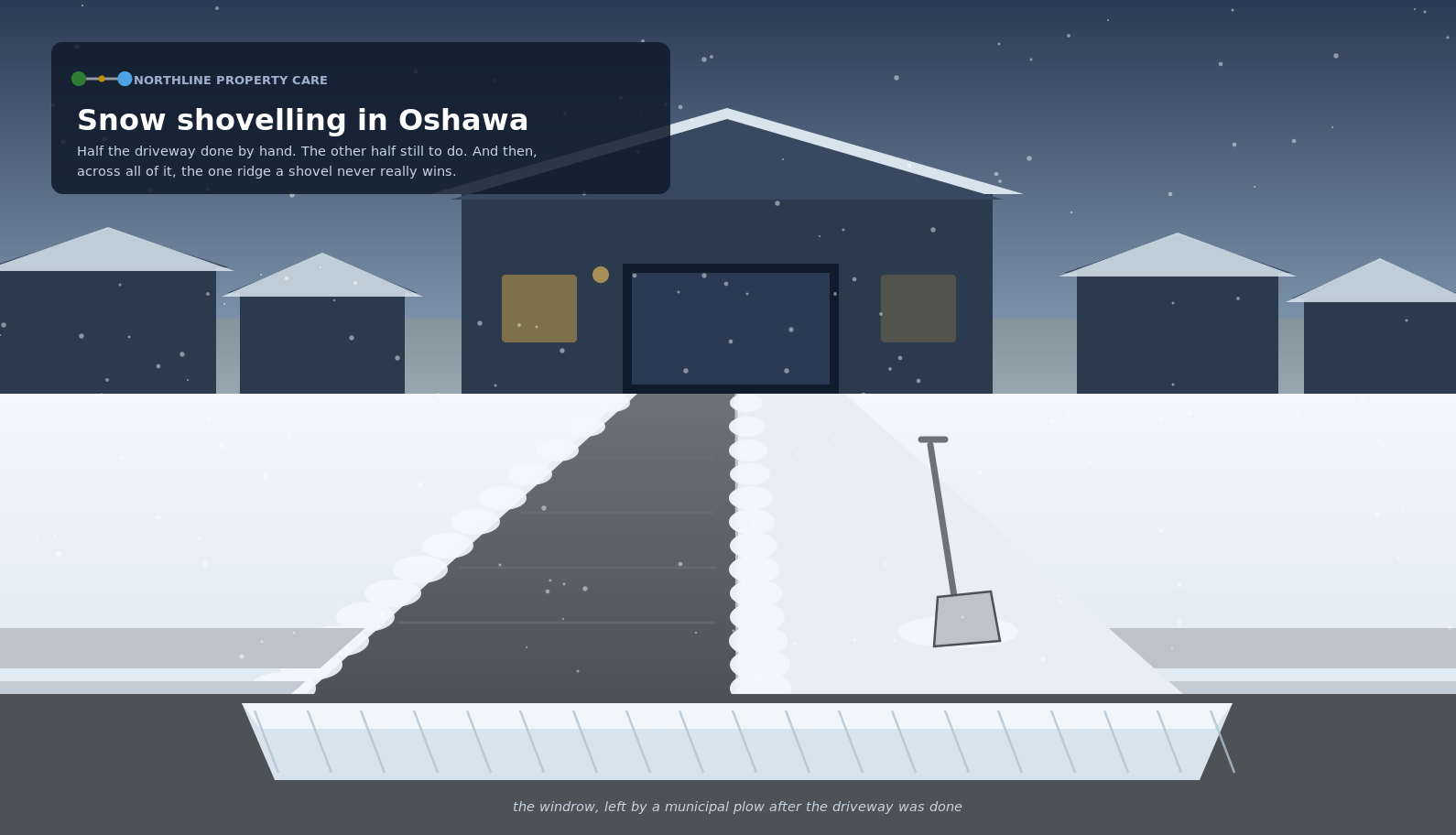 An Oshawa driveway half cleared by hand, with the plow windrow still lying across the foot of it.
