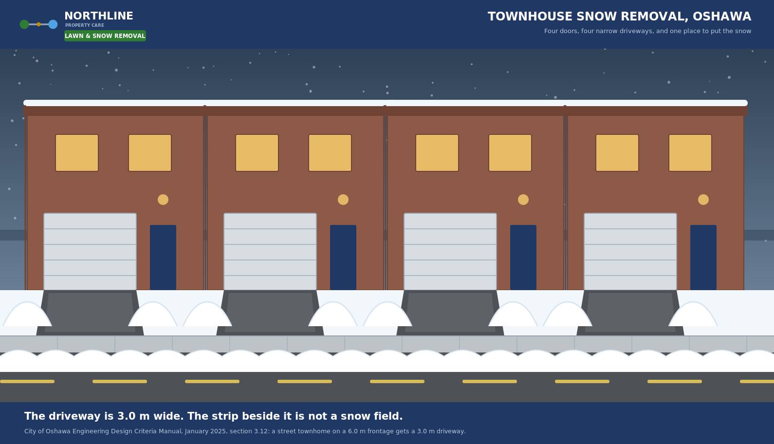 A row of Oshawa street townhouses after a storm, narrow driveways cleared and the snow piled on the strips beside them.